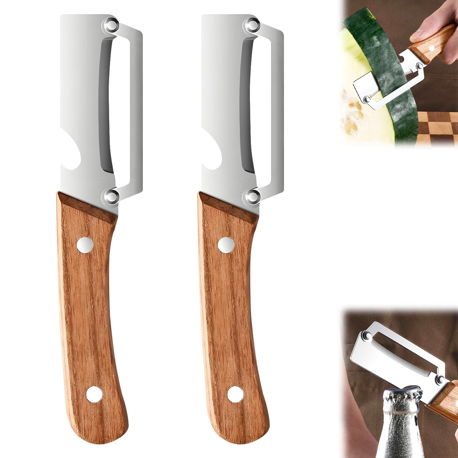 2PC Multi-Functional Vegetable Peeler for Kitchen,Vegetable Peeler Wooden Handle,2-in-1 Stainless Steel Fruit & Vegetable Peelers with Bottle Opener for Potato Pineapple