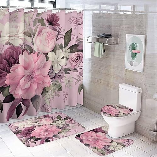 Juego de 4 alfombras de baño con cortina de ducha, flores femeninas, lila, rosa, rubor, verde, oscuro, cubierta para tapa de inodoro y tapete disponible en Yaxa Colombia