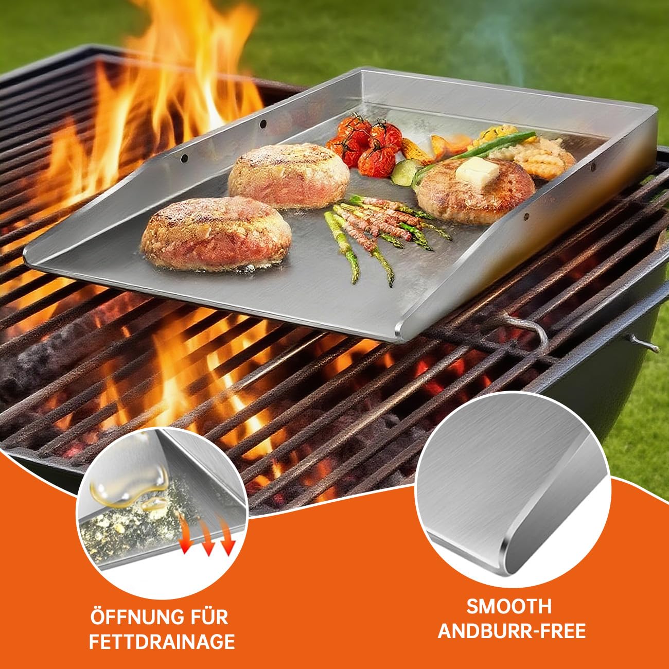 Plaque de cuisson en acier inoxydable - 40 x 30 cm - Épaisseur : 4 mm - Avec poignée amovible - Plaque de cuisson pour barbecue à gaz, barbecue à charbon et hamburgers - Plaques de cuisson