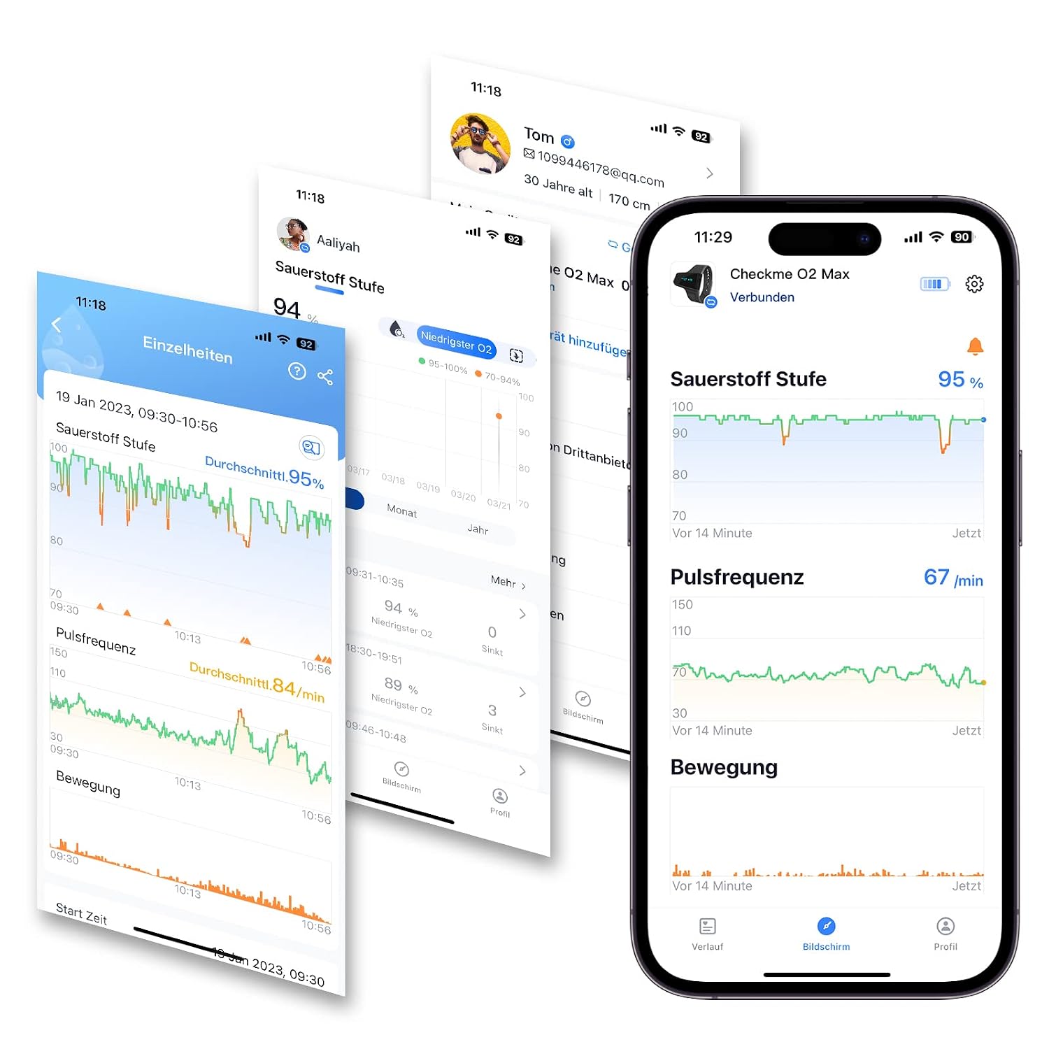 Multiple smartphone screens showing ViATOM CheckmeO2 Max app data