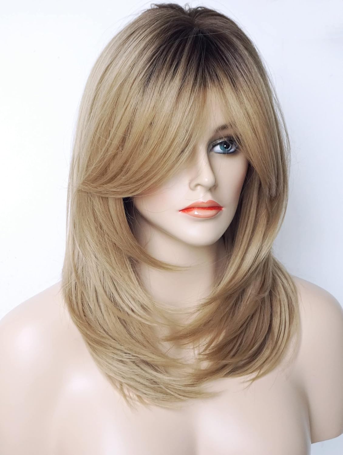 Beth Dutton Medium Length Layered Wig with Bangs - Synthetic Strawberry Blonde Wig for White Women (Sandy Blonde)