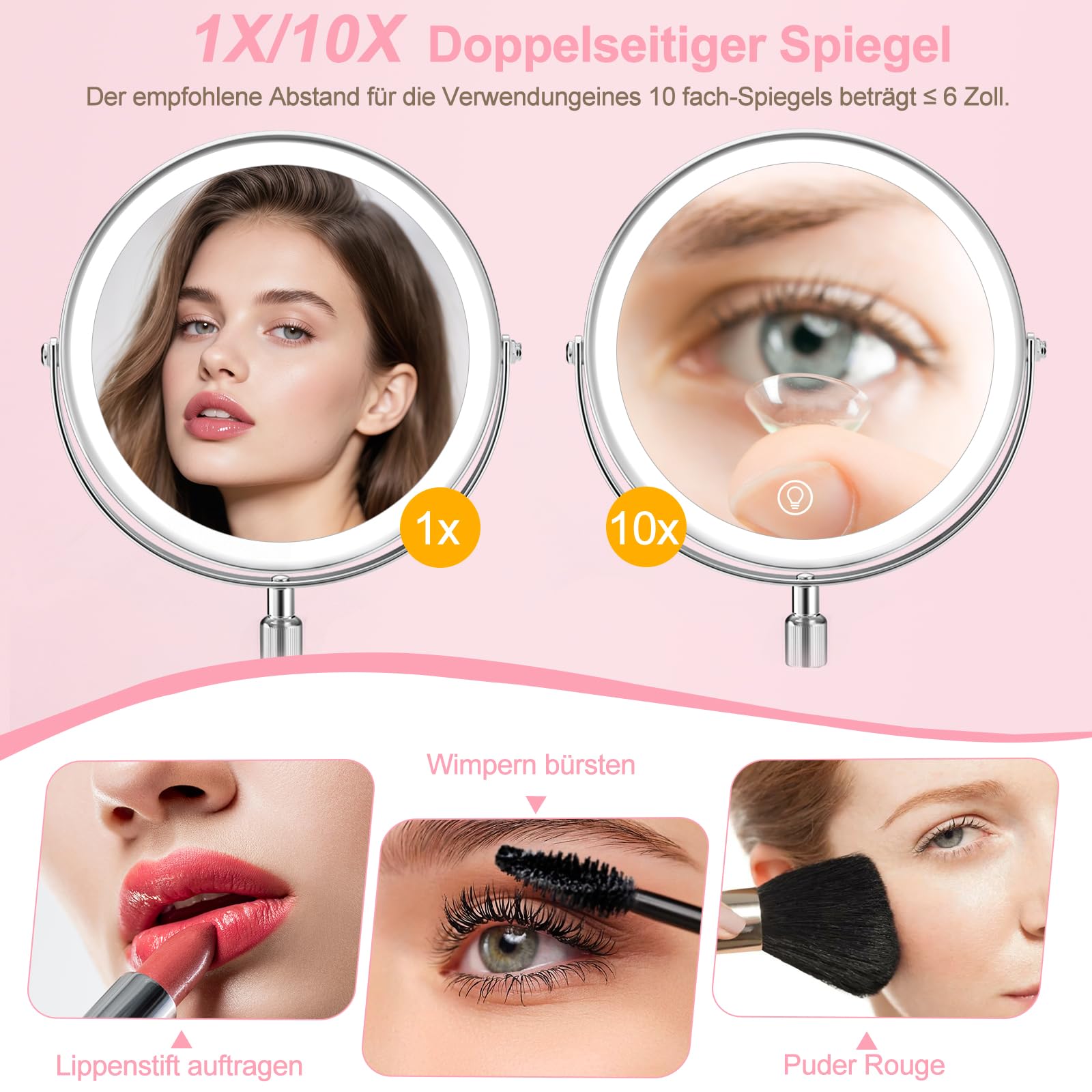 AIMAX 10X/1X Wiederaufladbarer Kosmetikspiegel mit Beleuchtung, 38-48 cm Höhenverstellbarer 8 Zoll Schminkspiegel, 3 Lichtfarben&Helligkeit Dimmbar, 360° drehbarer Doppelseitiger Tischspiegel