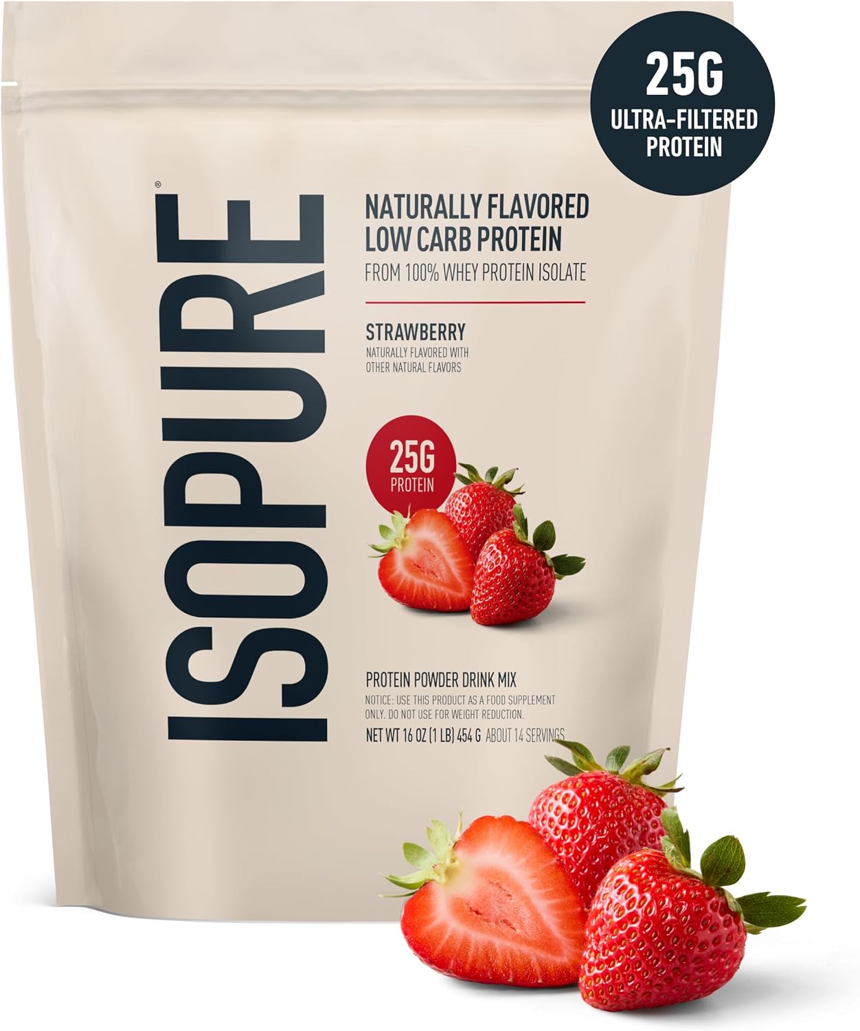 Isopure Low Carb 100% Pure Whey Isolate Protein Powder, Lactose Free, Gluten Free, With Vitamins, Strawberry, 25g Protein Per Serving, 1 Lb, 14 Servings (Packaging May Vary)