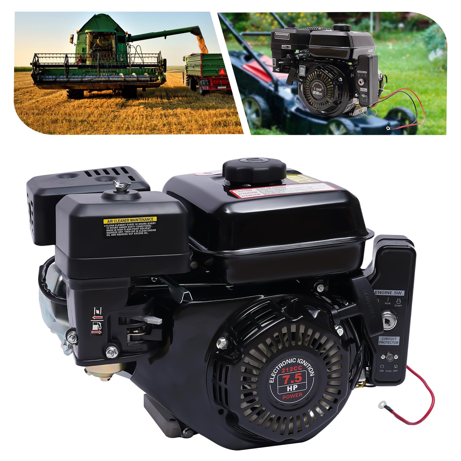 Motore a benzina 7,5 CV, 210 cc, motore a 4 tempi, raffreddato ad aria, avviamento elettrico e avviamento a fune, 3600 RPM per go-kart, generatore di corrente, idropulitrice, betoniera e compressore