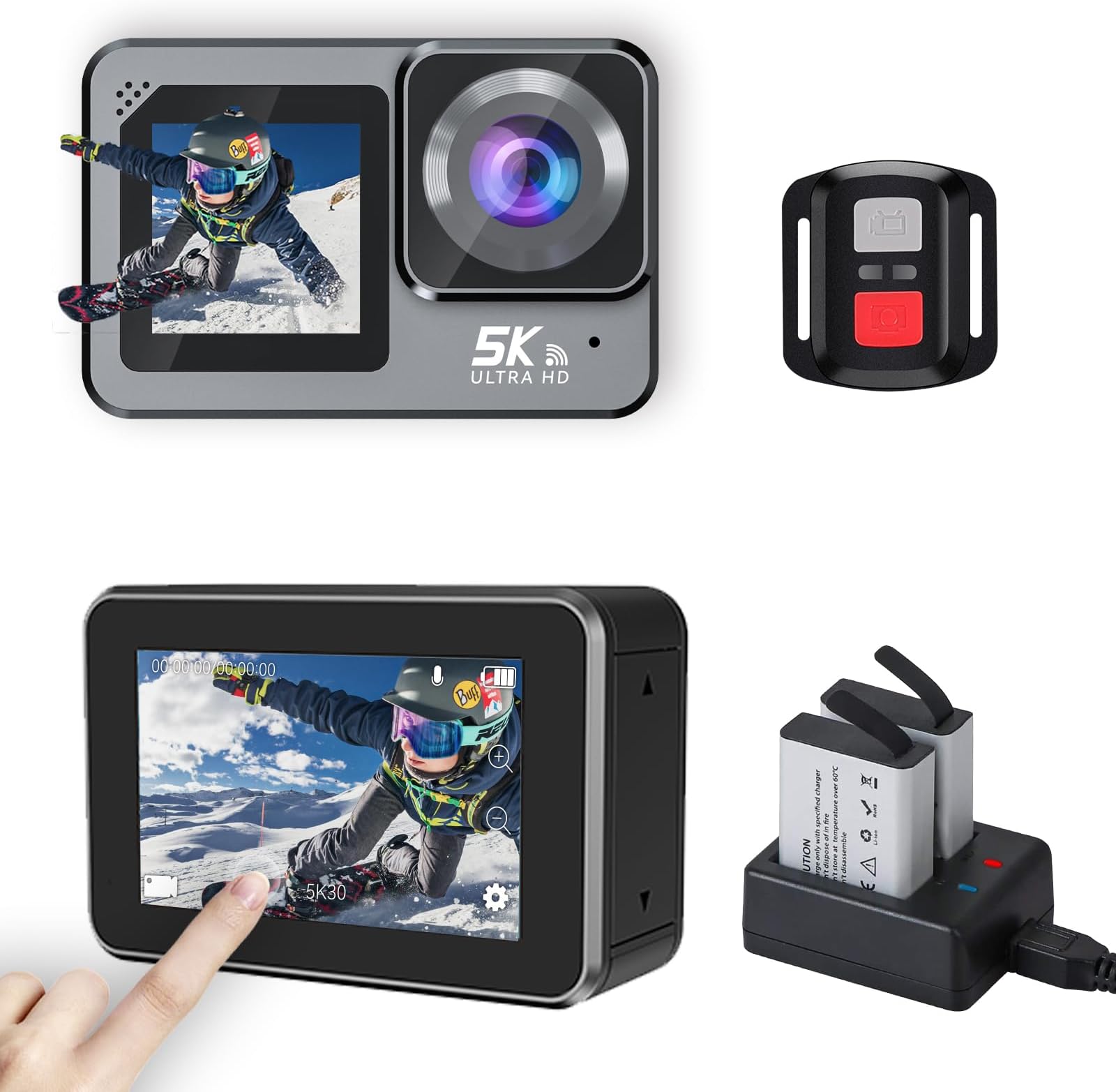 Hiicam Speed 20 Action Cam 4K 60FPS – Doppio Schermo Touch, 20MP, WiFi, 5X Zoom, 40M Impermeabile, EIS Stabilizzazione, 2 Batterie, Telecomando Incluso