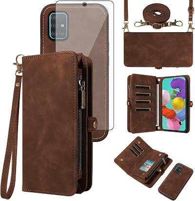 Asuwish Phone Case for Samsung Galaxy A51 4G Zipper Wallet Detachable Cell Cover with Tempered Glass Screen Protector Crossbody Lanyard Strap Flip Card Holder A 51 M40S 51A A515F S51 Women Girls Brown