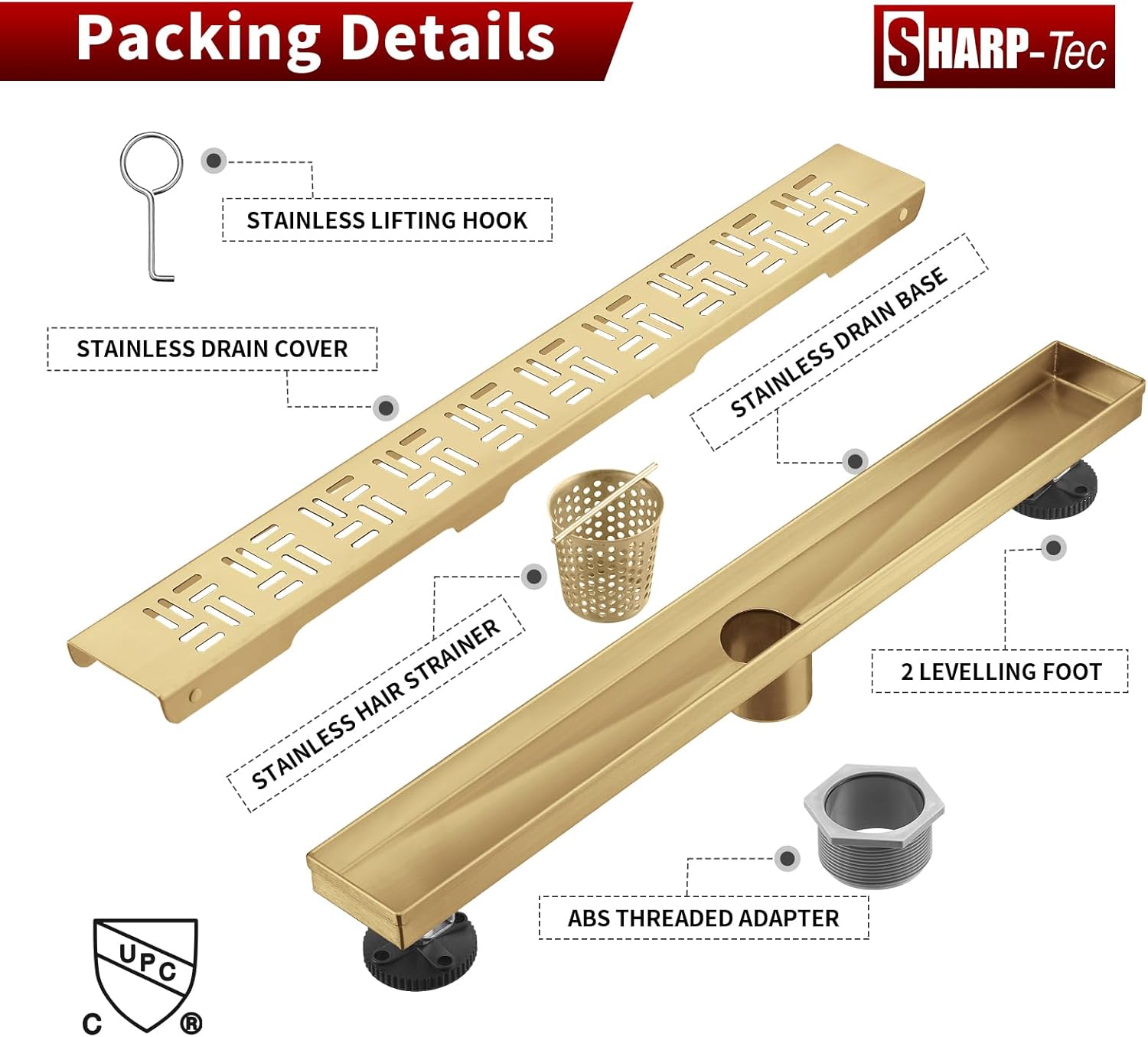 Sharp-tec Shower Drain, 24 inch Linear Shower Drain, Brushed 304 Stainless Steel Rectangular Shower Floor Drain with Adjustable Leveling Feet, Hair Strainer, cUPC Certified, ST-092-24G