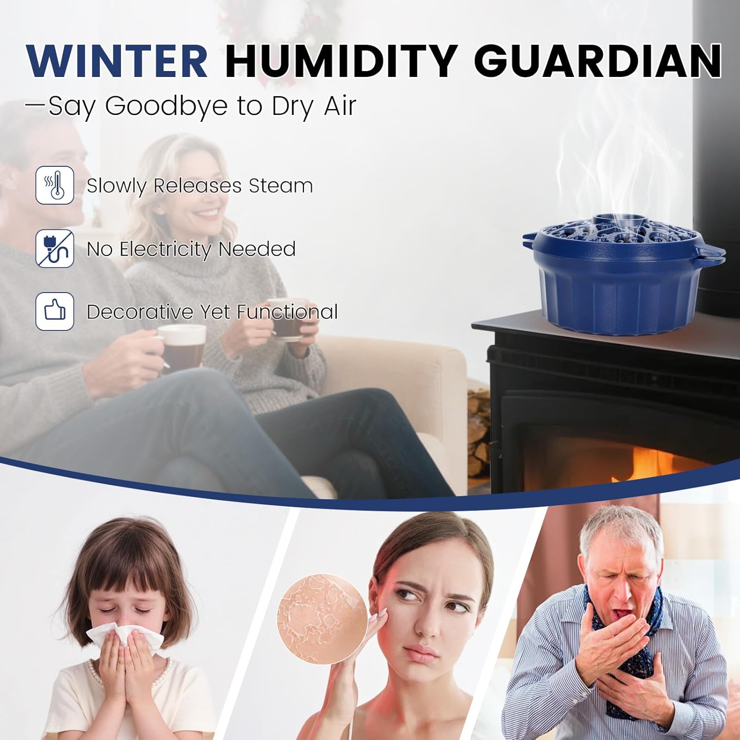 Wood Stove Steamer - Rust Resistant Cast Iron Humidifier Pot with Three-Layer Porcelain Coating for Woodstove, Indoor Fireplace Steamer for Dry Winter, Decorative, 2.7 Quart-Blue