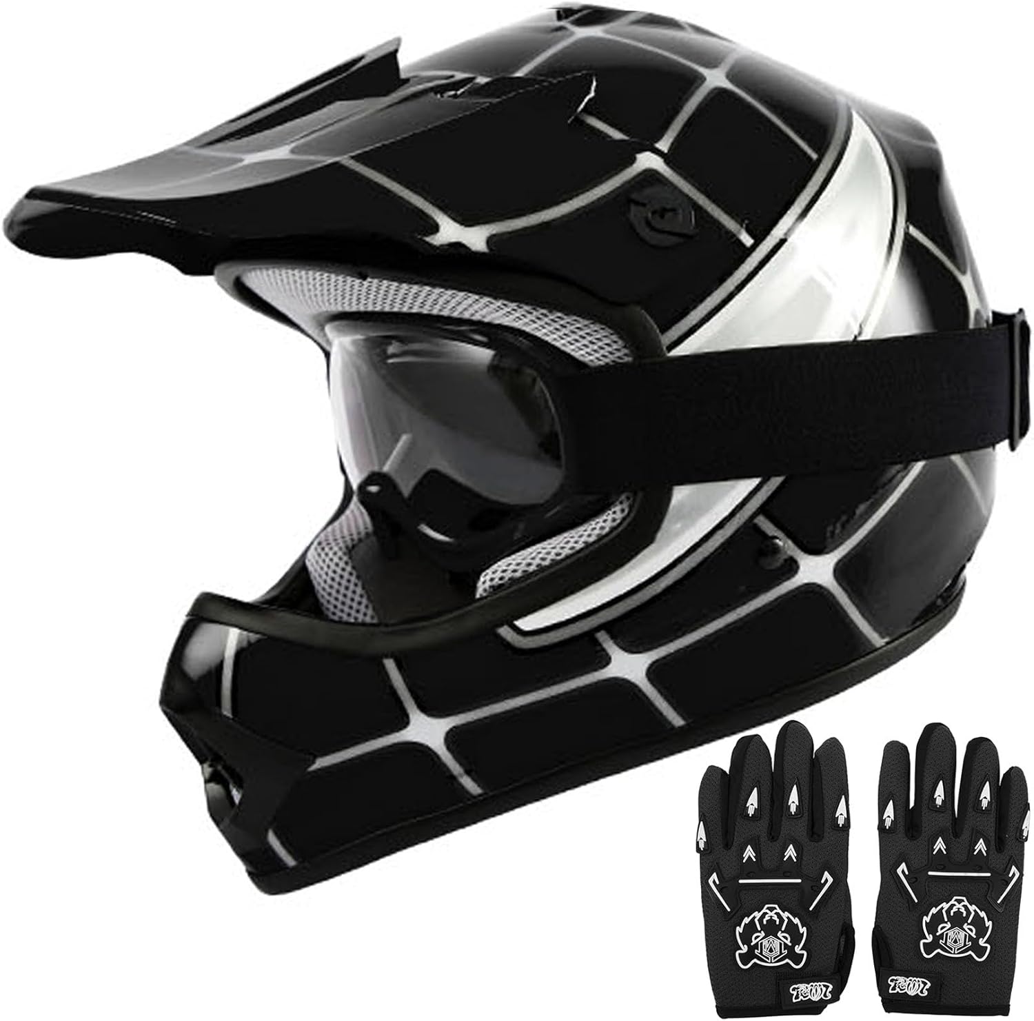 Youth dirt bike full-face helmet with DOT safety, small size, black spider