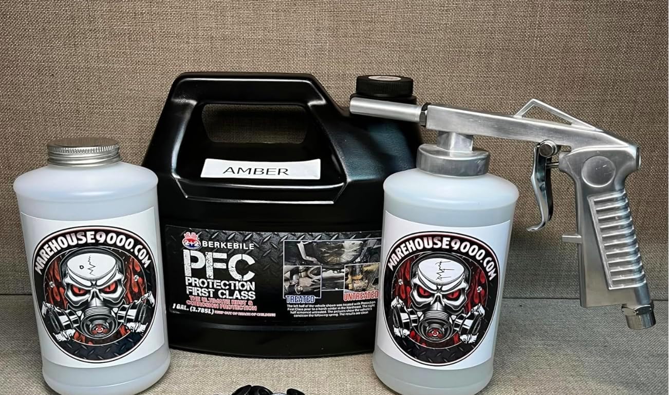 Gallon PFC Amber, Standard Economy Undercoating Spray Gun, and 2 White Quart Bottles