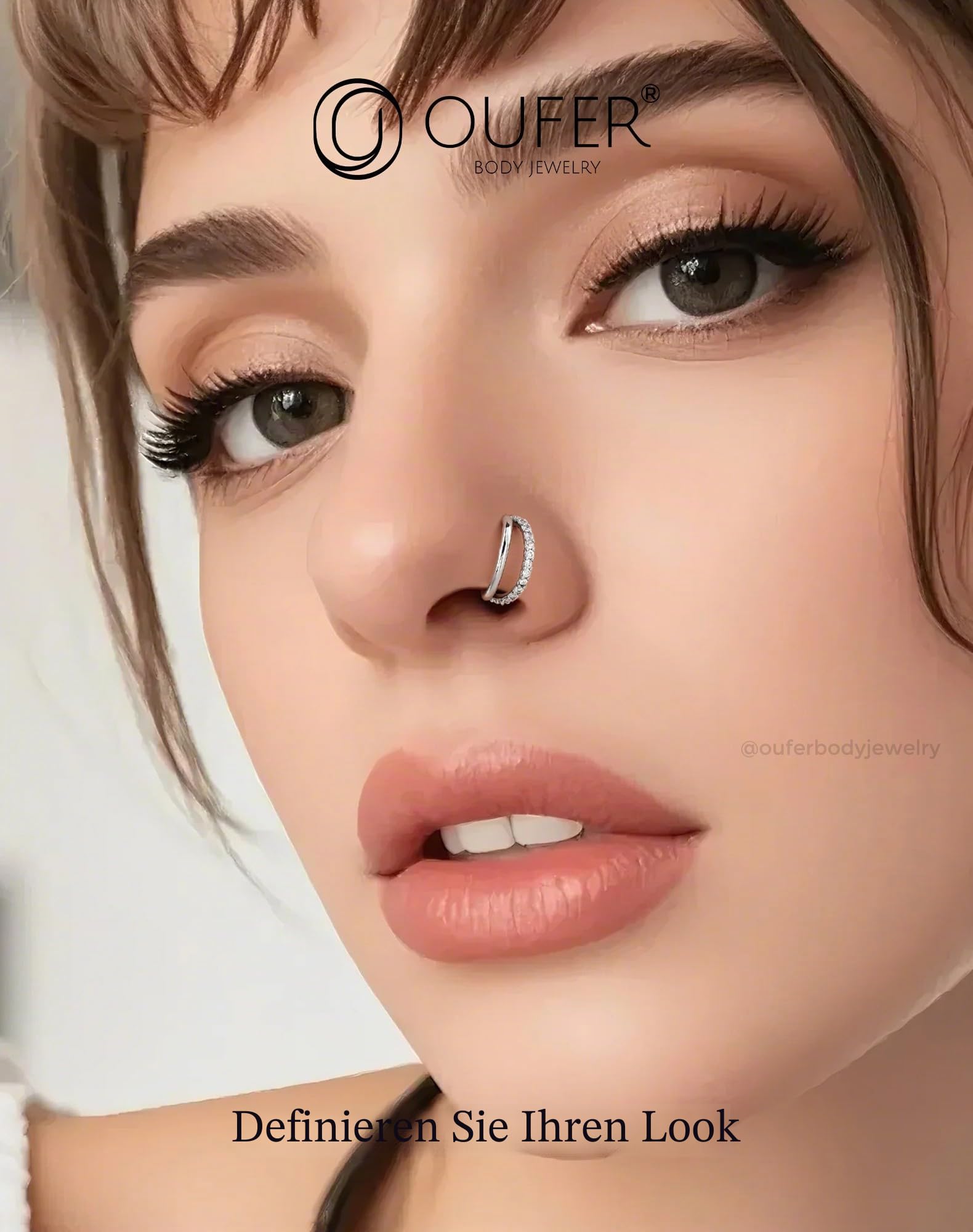 OUFER 20G 9KT Gold Nasenpiercing Klar CZ 8 mm Double Line Nostril Piercing Ring Knorpel Ohrpiercing Seamless Open Helix Lobe Piercing