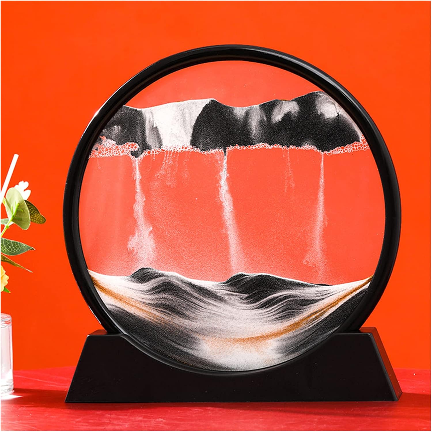 Flowing Sand Painting,Round Glass Solid Wood Moving Sand Art Frame, Sandscapes in Motion, Liquid Sand Motion Toys, 3d Dynamic Quicksand Painti(Size:17×20 cm,Color:Grey) ( Color : Grey , Size : 25x27 c