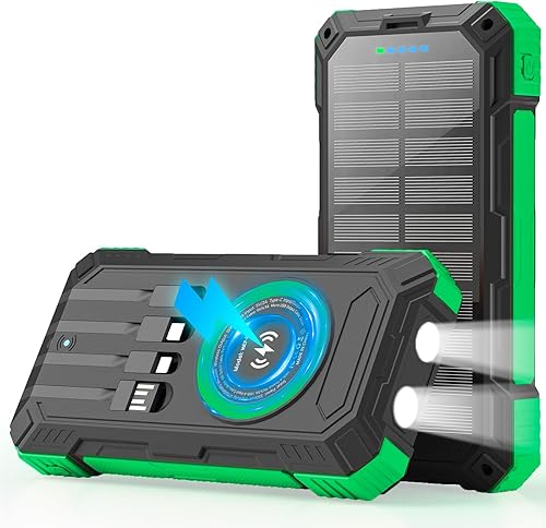 Cargador solar de 49800 mAh, cargador de teléfono portátil inalámbrico, 22.5 W QC3.0, carga rápida, 4 cables integrados con USB C, 6 salidas y 2