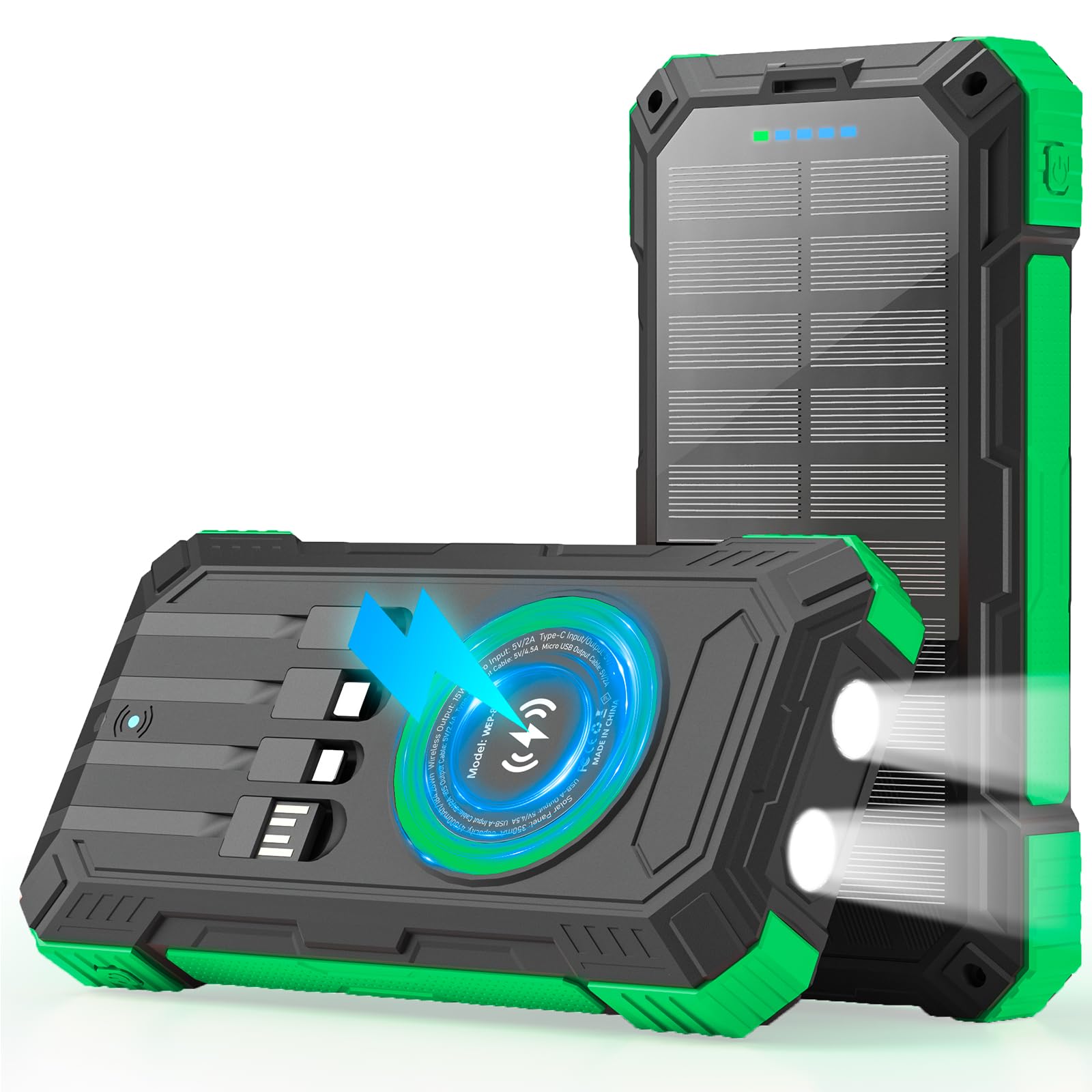 Solar Charger Power Bank 49800mAh Wireless Portable Phone Charger, 22.5W QC3.0 Fast Charging Built in 4 Cables with USB C 6 Outputs & 2 Inputs for All Cell Phone