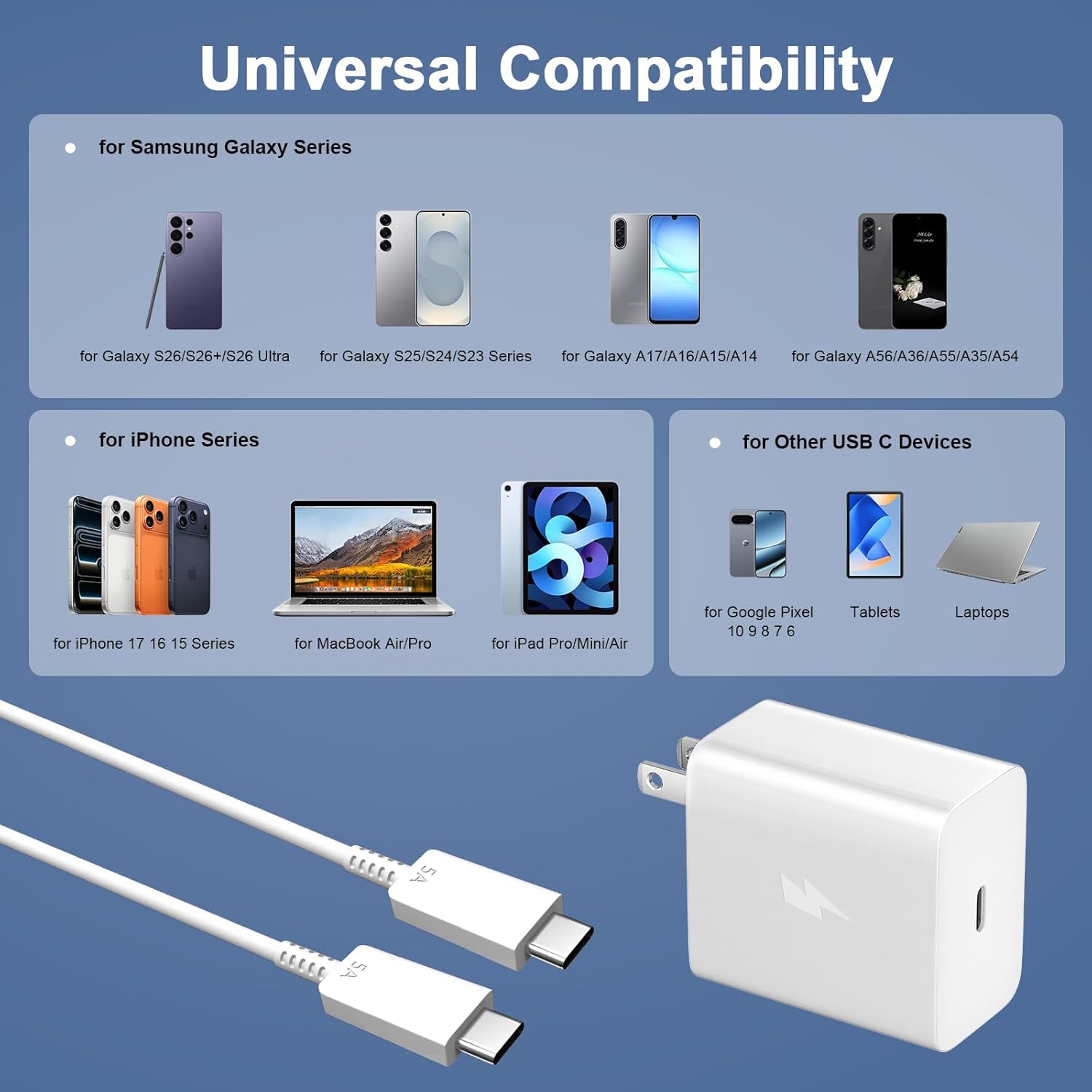 USB C Charger 60W for Super Fast Charging for Samsung S26 Ultra, Type C PD Wall Charger Adapter with 5A USB C to USB C Cable 1m for iPhone 17 16 15 Galaxy S26+ S25 S24 S23 S22 A17 A57 A56 Pixel 10 9 8