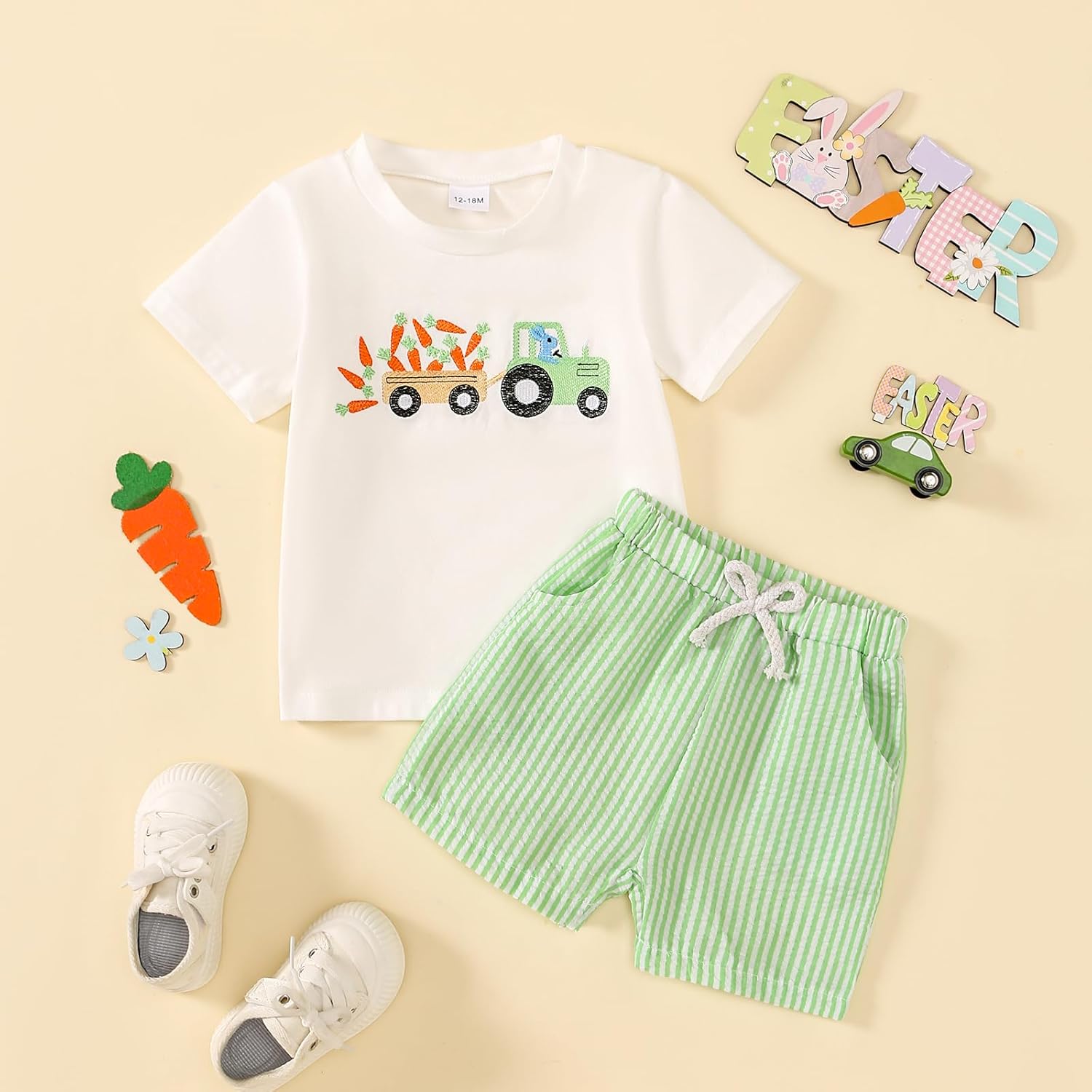 Toddler Baby Boy Easter Outfit Embroidered Bunny/Carrot T-shirt Top+Striped Pants 2PC Clothes Car-green 3-4T
