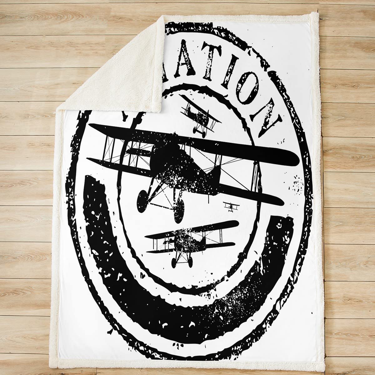 Coperta in pile Sherpa per bambini per bambini, per divano letto, divano e bambino, stampa aereo, coperta in microfibra, decorazione da viaggio in bianco e nero, per camera da letto, regina 200 x 200