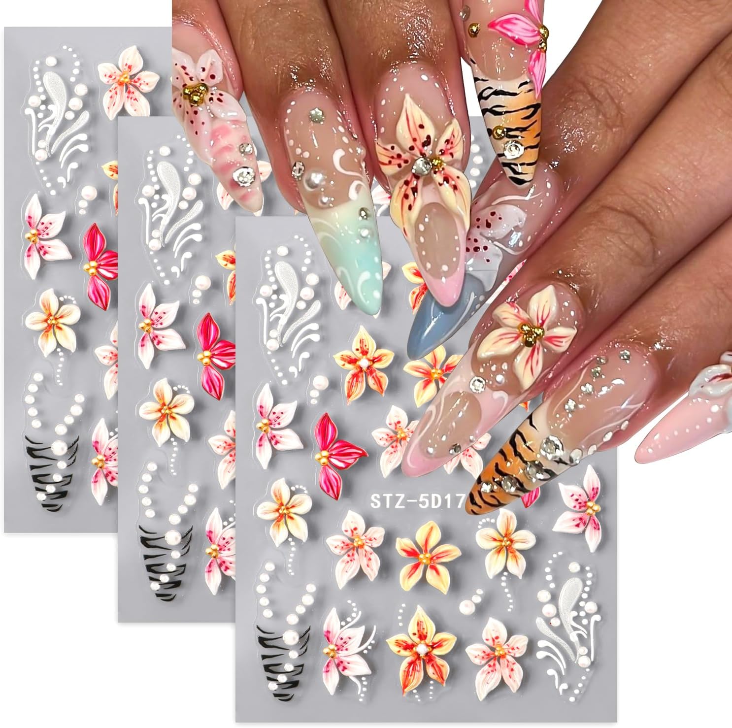 3 Sheets Spring Embossed Flower Nail Art Stickers Decals Lily Hibiscus