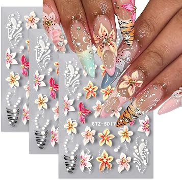 3 Sheets Spring Embossed Flower Nail Art Stickers Decals Lily Hibiscus