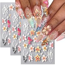 3 Sheets Spring Embossed Flower Nail Art Stickers Decals Lily Hibiscus 3D Nail Design Self Adhesive Summer Spring Flowers Nail Supplies for Women Nails Decoration