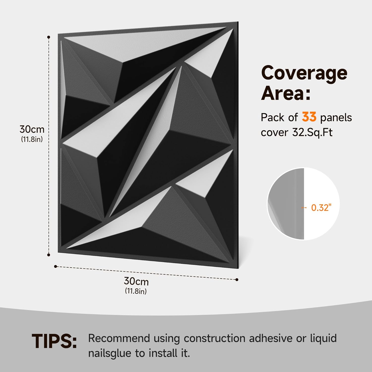 INMOZATA 33 Pack 3D Wall Panels for Interior Wall Decor, 12"x12" Cover 32 Sq.Ft Decorative Wall Panels Diamond Tiles for TV Background, Bedroom, Gaming Room, Black