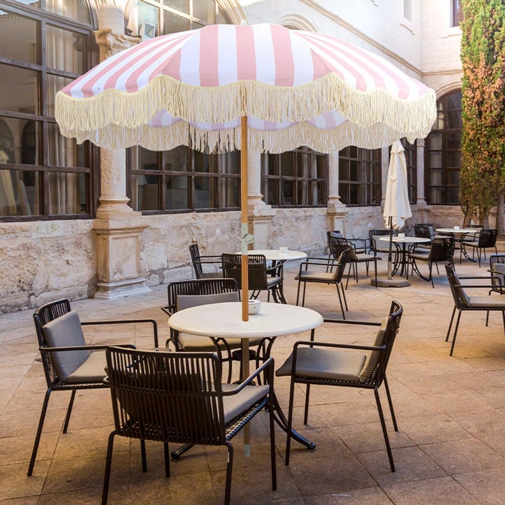 Boho Pasiasty Parasol Plażowy z Frędzlami, 200 cm Przenośny Parasol Tarasowy z Pochylanym Drewnianym Słupkiem do Basenu, Ogrodu, na Taras
