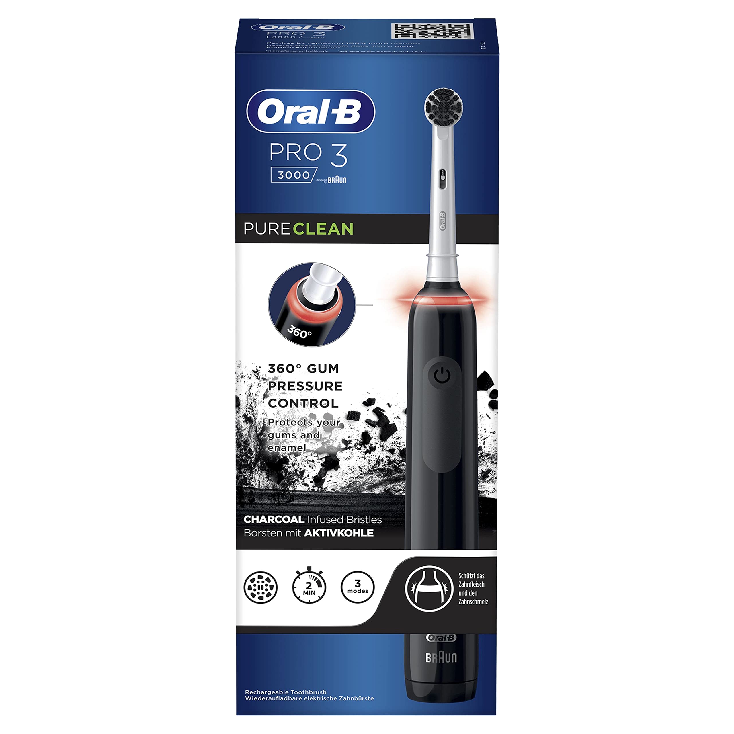 Oral-B PRO 3 3000 Pure Clean Cepillo de dientes eléctrico con 3 modos de cepillado y control visual de presión de 360°, para cuidado dental, cerdas con carbón activo, diseñado por Braun, negro