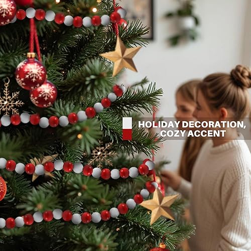 Miniatura 6 de 200 cuentas de madera de Navidad de 0.63 pulgadas para manualidades con cuerda de cáñamo de 3.9 pies, cuentas sueltas redondas de madera blanca para