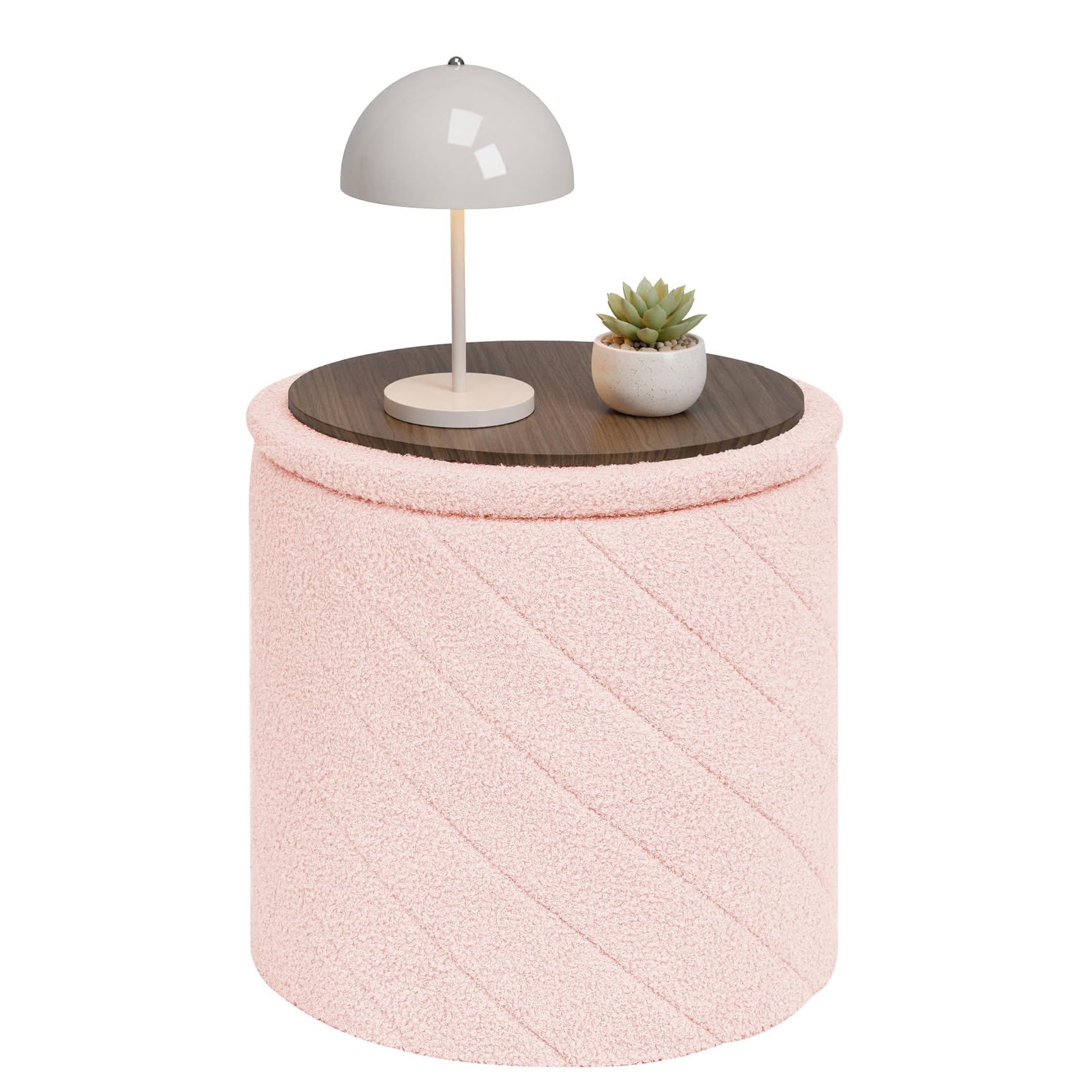 Bonlife Round Ottoman Stool with Storage, Folding Footstool with Lid,Boucle Vanity Stool for Living Room,Bedroom,Entryway,Pink,43x43x45cm