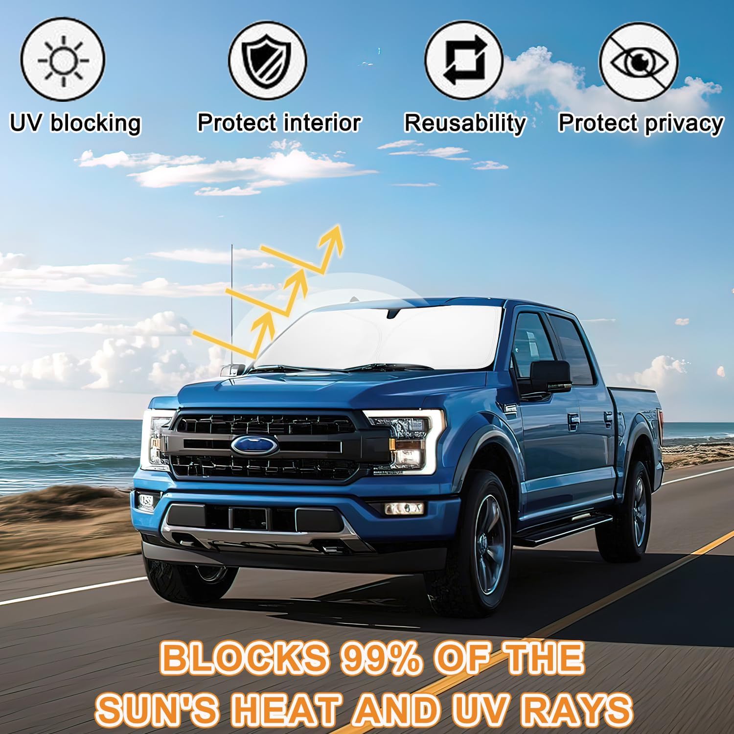 PIMCAR Windshield Sun Shade for Ford F150 2021-2026, Premium 310T Reflective UV Protection, Lightweight Foldable Sun Visor with Storage Pouch