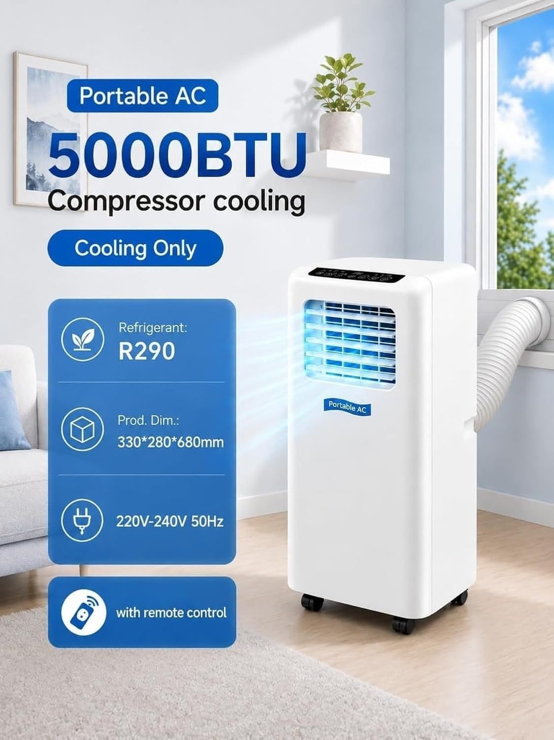 Aire Acondicionado Portátil 7000BTU con Mando y Temporizador 24H, 3-en-1 Enfriador para Habitación Oficina Hogar, Ideal para Estancias de 16-20 m², (5000btu), (5000BTU)