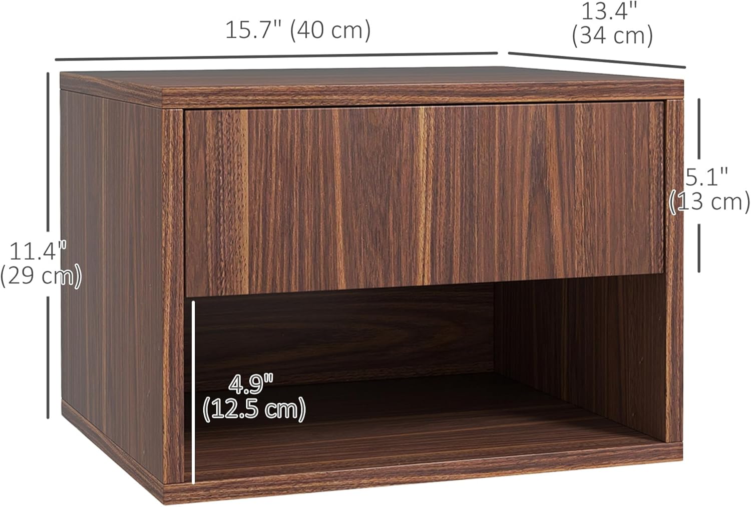 A diagram showing the dimensions of the HOMCOM floating nightstand: 15.7 inches (40 cm) length, 13.4 inches (34 cm) width, and 11.4 inches (29 cm) height, with internal shelf dimensions.