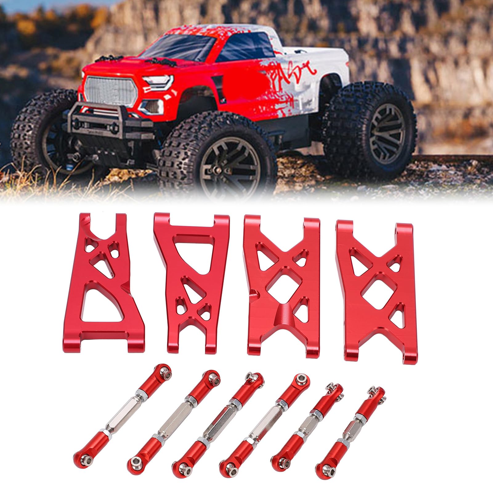 Qqmora Ulepszony Zestaw Wahaczy i Drążków Kierowniczych ze Stopu Aluminium RC, Odpowiedni do Samochodów VORTEKS i Typhon RC w Skali 1/10 (Czerwony)