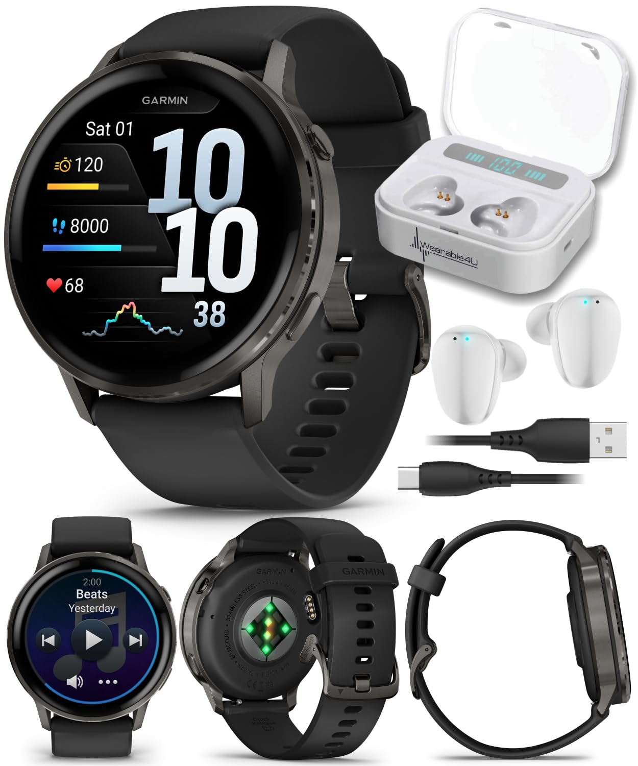 Garmin Venu 4 AMOLED 45mm Advanced Health & Fitness GPS Smartwatch, Bright & Colorful Display, Built-in Flashlight, Up to 12 Days, Slate with Black Silicone Band w/Wearable4U White Earbuds Bundle