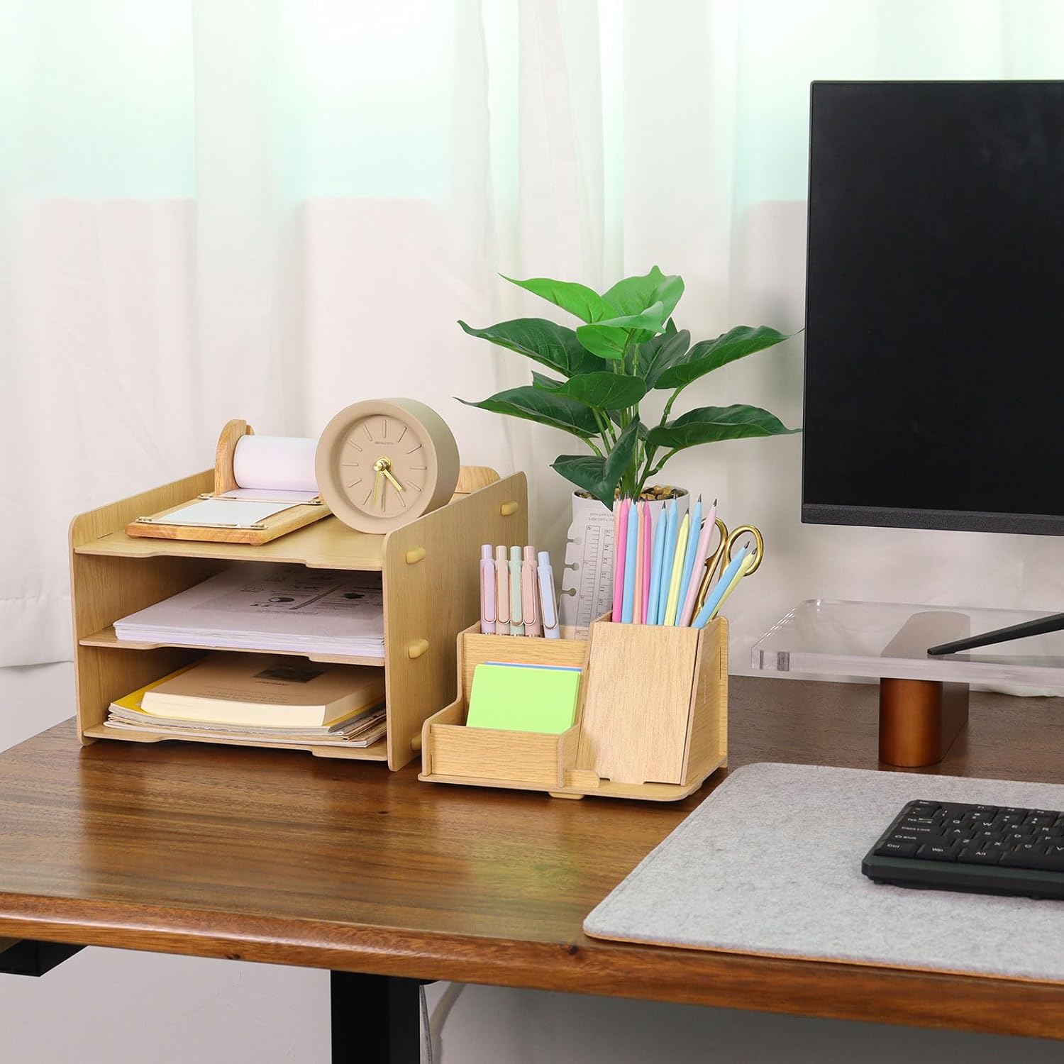 Buqoo Wooden Desk Organizer Set, Desktop File Holder with Phone Stand, 3-Tier Paper Tray, Office Supplies Storage, Natural Wood