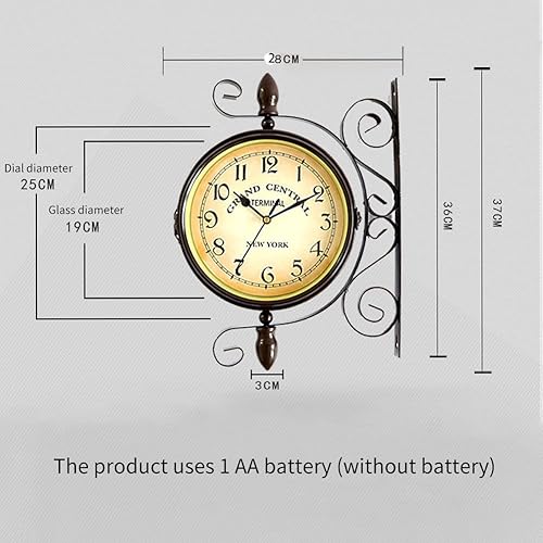Miniatura 5 de Surakey Reloj de pared redondo de hierro forjado de aspecto antiguo marrón para colgar en la pared, de doble cara, dos caras, estilo retro, para