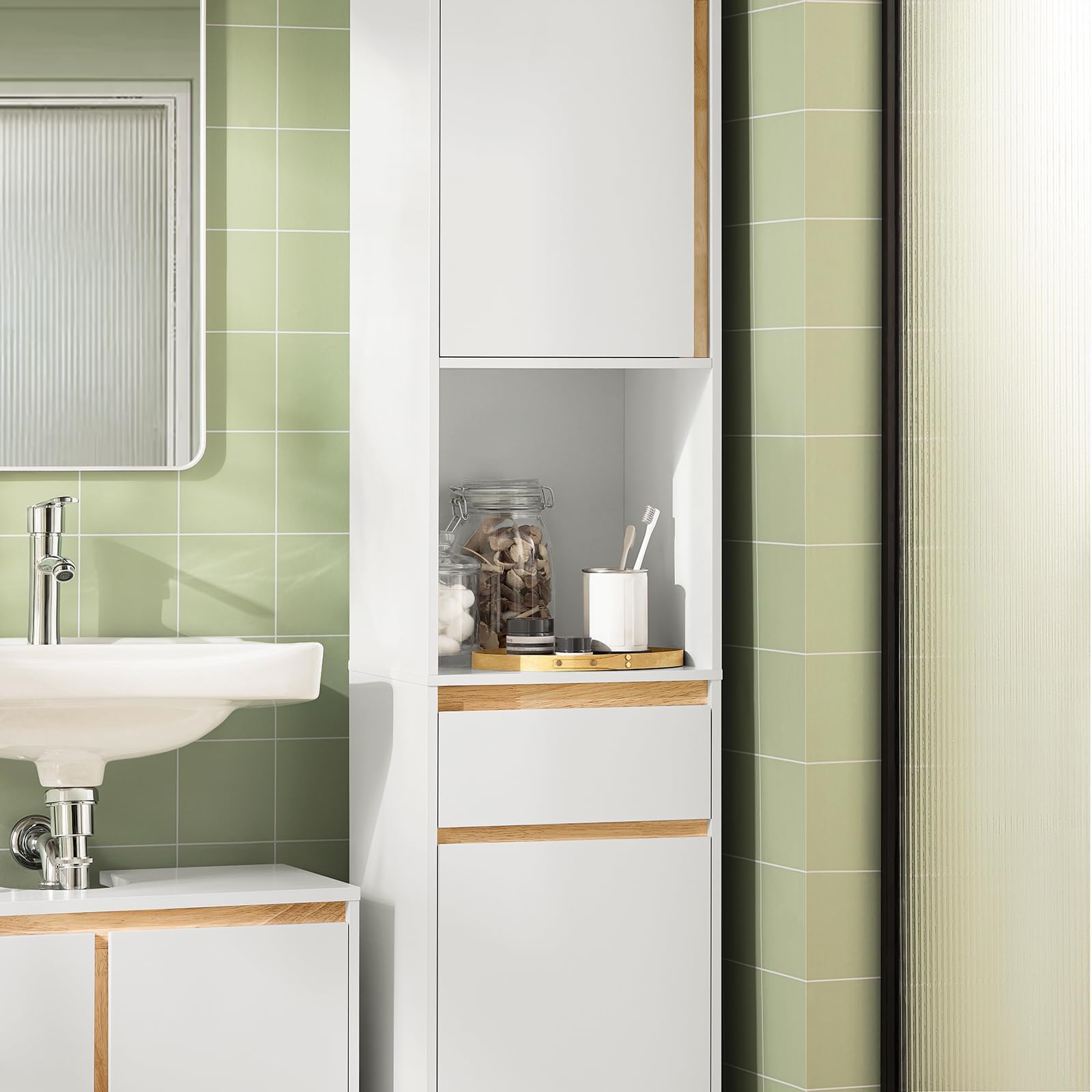 SoBuy Mobile Colonna Bagno Salvaspazio con 1 Cassetto, 1 Ripiano Aperto e 2 Ante – Armadietto Alto e Stretto per Bagno, WC o Lavanderia, Bianco 35x33x170cm BZR80-W