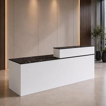 71"/180 CM Reception Desk with Lockable Drawers, Keyboard Tray, Modern Front Reception Counter for Office, Salon, Lobby, Beauty, Clinic, Boutique, Shop and Studio,White+Black/Right-Hand