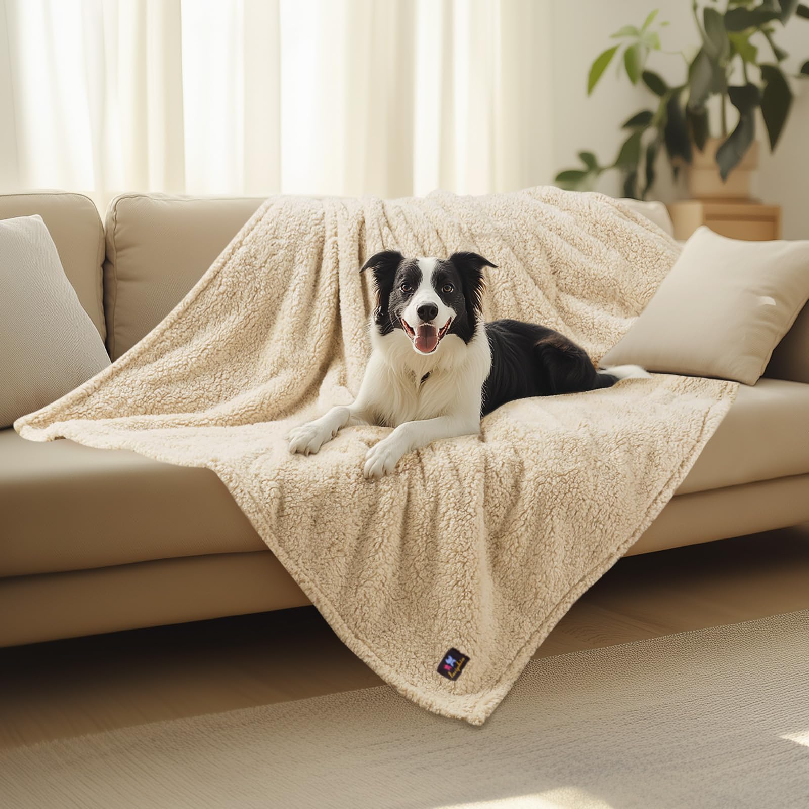Luciphia Waterproof Pet Blanket for Medium Large Dogs Soft Cat Sherpa Calming Thick Cover Leakproof Cozy Puppy Sofa Bed Car Couch Protector(Beige,