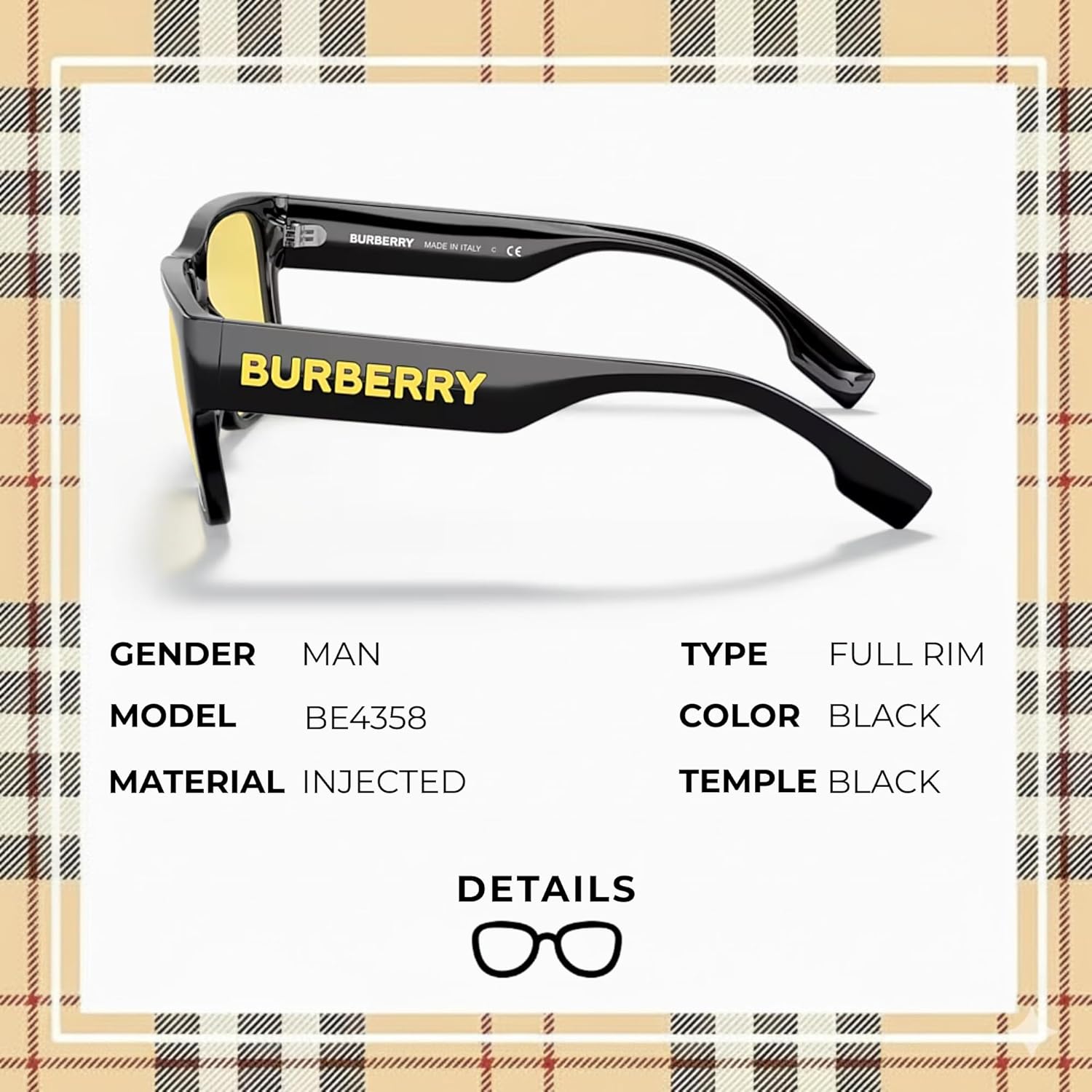 BURBERRY KNIGHT BE4358 Square Shape Injected Sunglasses with Luxury Eyewear Kit - Image 2