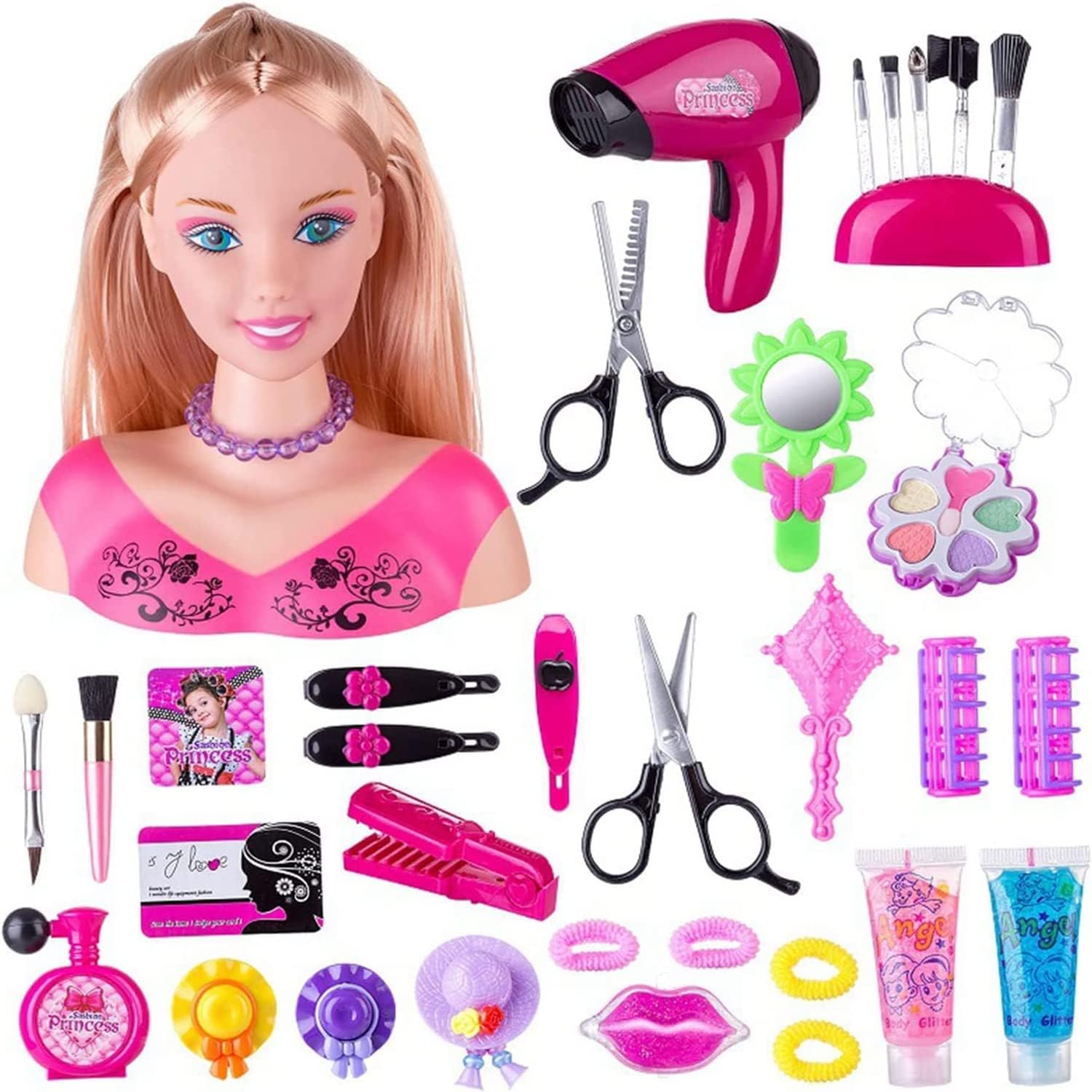 CALLOVE Cabeza de peluquería 35 piezas de cabeza para peinar y maquillar, juguete para niñas de 1 9 años (rosa)