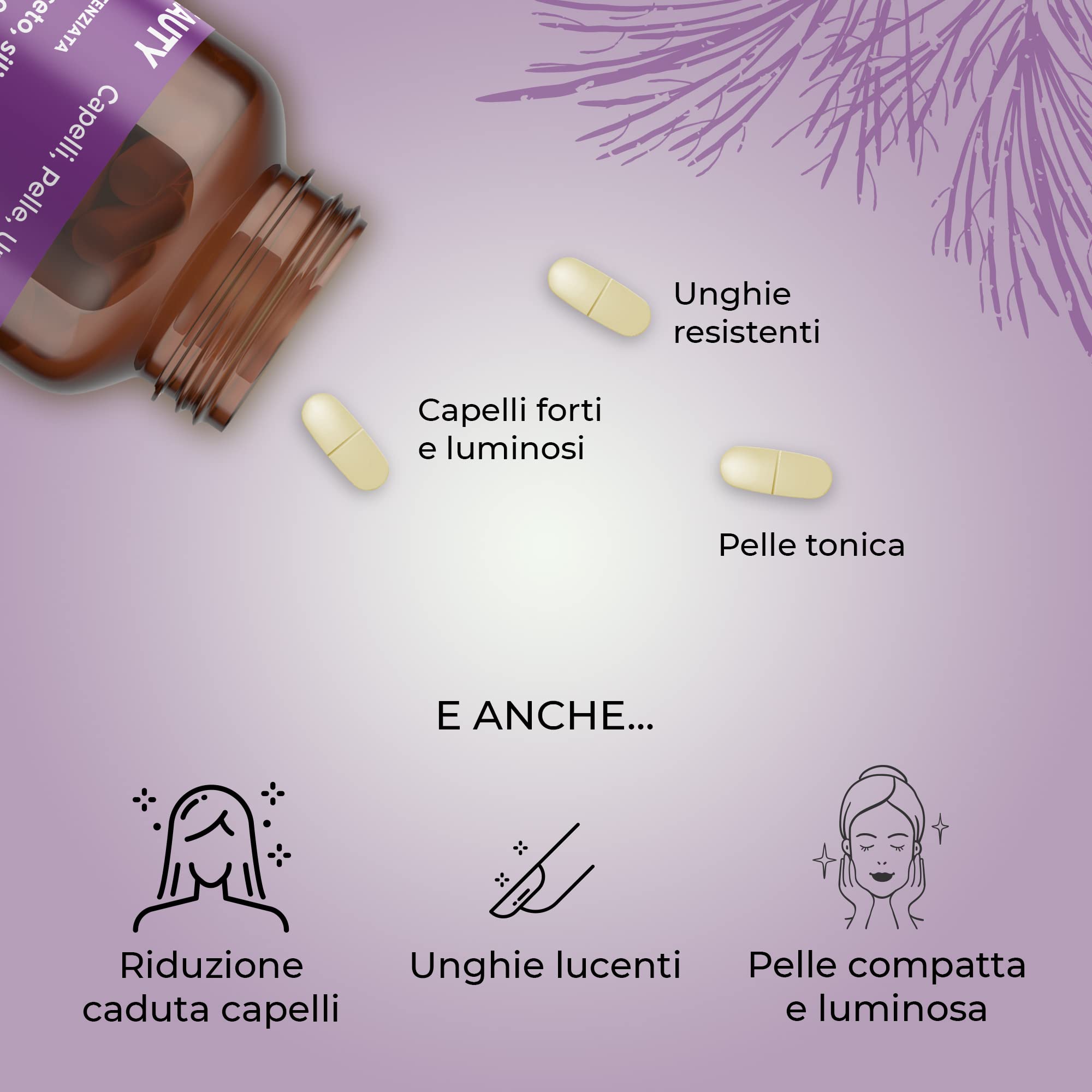 JEA BEAUTY - Integratori Per Capelli, Pelle e Unghie con Biotina Silicio Selenio Zinco Equiseto Vitamina B, Per Crescita e Anticaduta Capelli Uomo e Donna, Vegano - 120 Capsule Alto Dosaggio (4 Mesi)