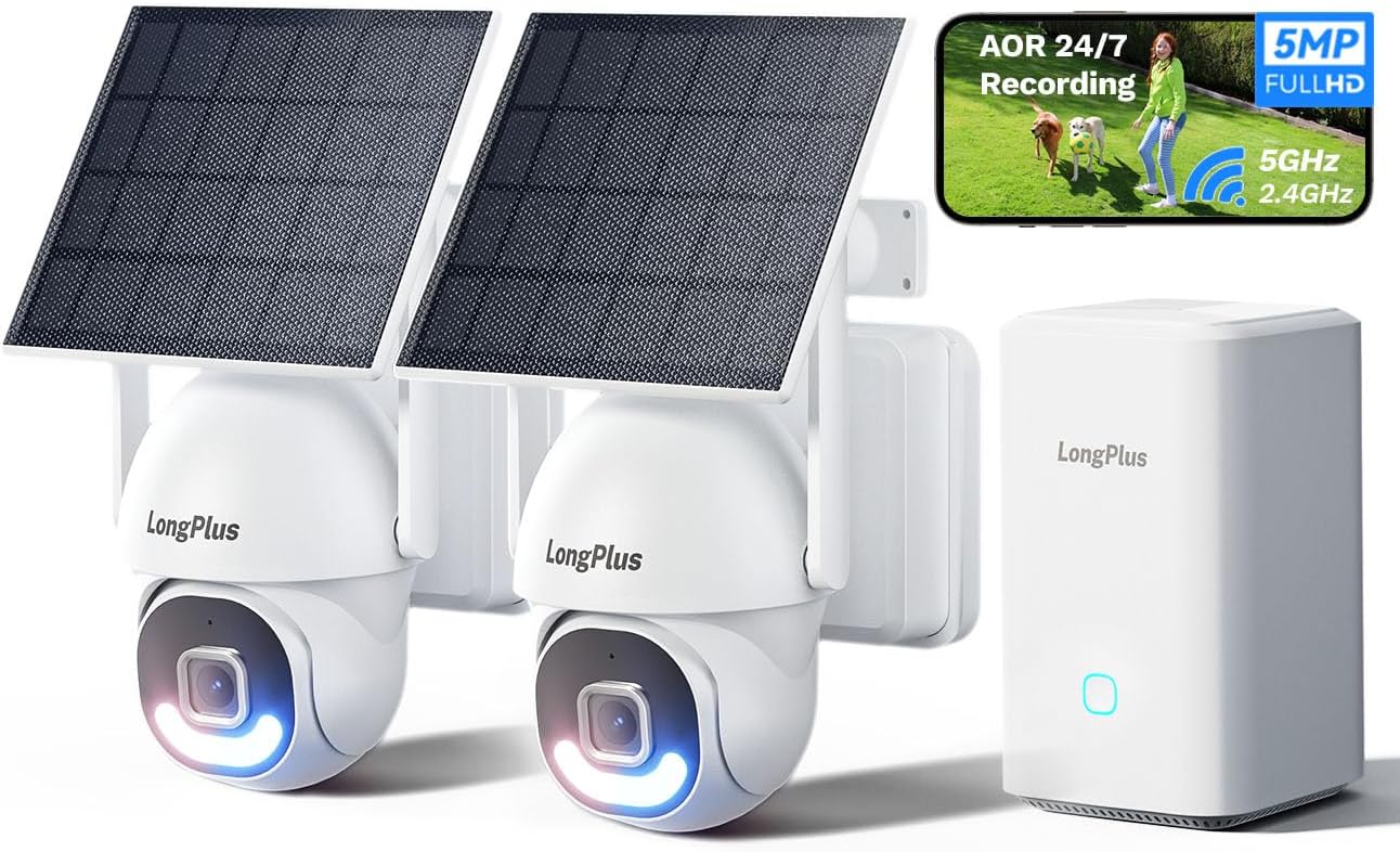 LongPlus 5MP Security Camera System Wireless Outdoor, No Subscription, Solar-Powered, WiFi Home Security Camera System with 360 ° Pan & Tilt, AOR Tech 24-7 Recording, Expandable 8CH, 2 Cam-Kit
