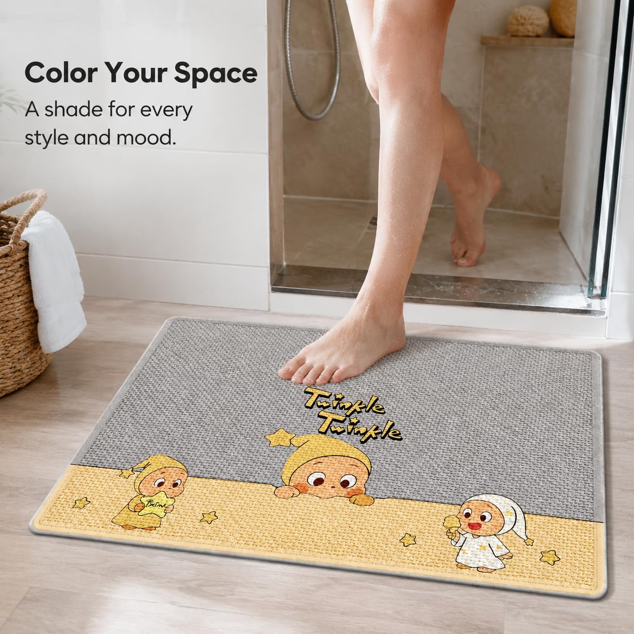 Tapis Bain Antidérapant Imprimé, Étoile Ours Gris Clair, 80x120cm