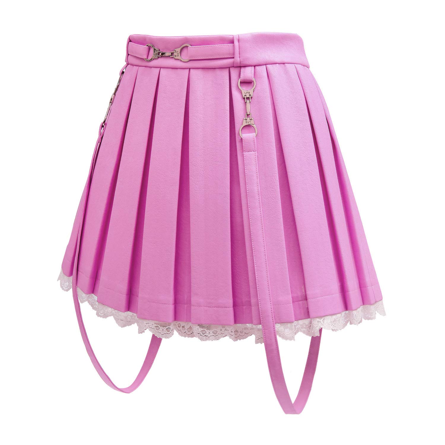Littleforbig Women's A-Line Pleated Faux Leather Flared Casual Lace Trim Mini Skirts - Troublemaker: 3X-Large Pink