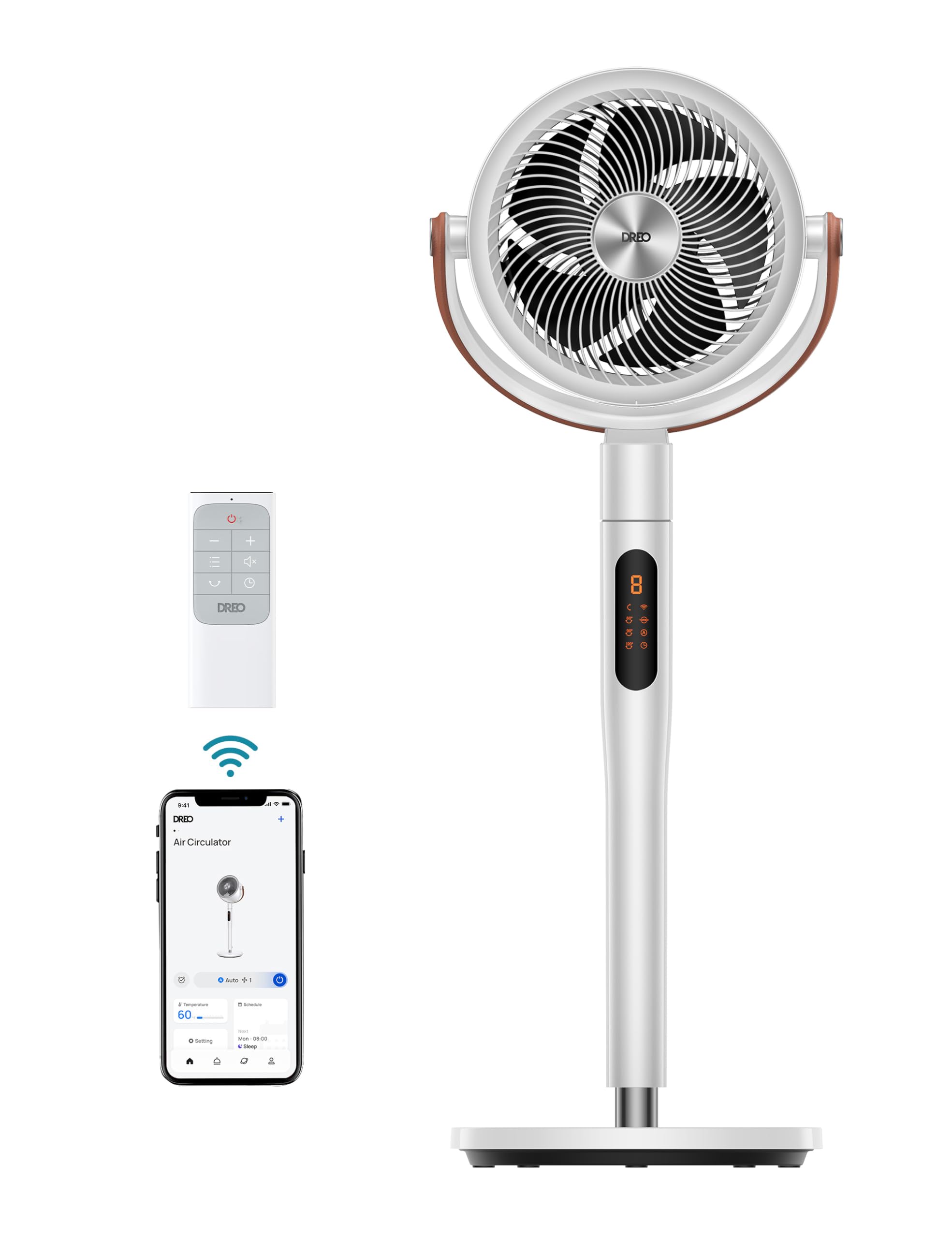 DREO Smart Fan for Bedroom, Quiet Fan, 100ft Air Circulator Pedestal Fan with DC Motor, Wi-Fi/Voice/Alexa, white