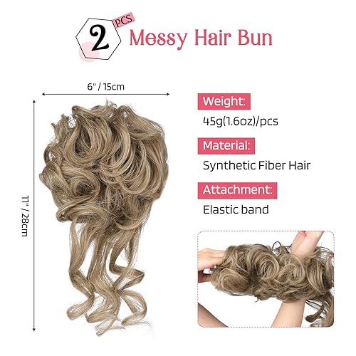 Miniatura 2 de HOOJIH 2 piezas de cabello de moño desordenado, extensiones de moño de cabello ondulado rizado y ondulado, coleteros para mujeres y niñas, color