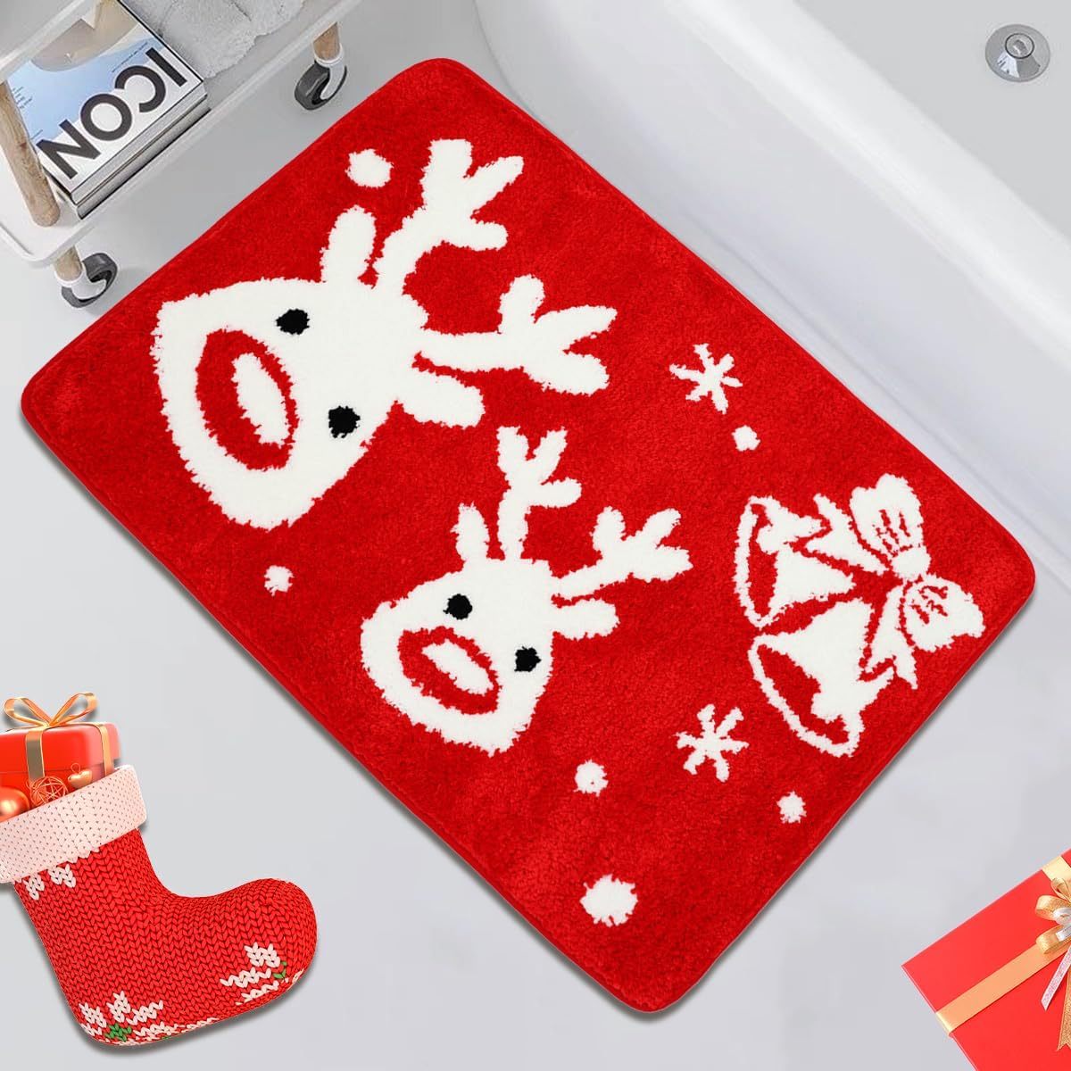 Ragelion Christmas Decor Elk Bathroom Rug Red Christmas