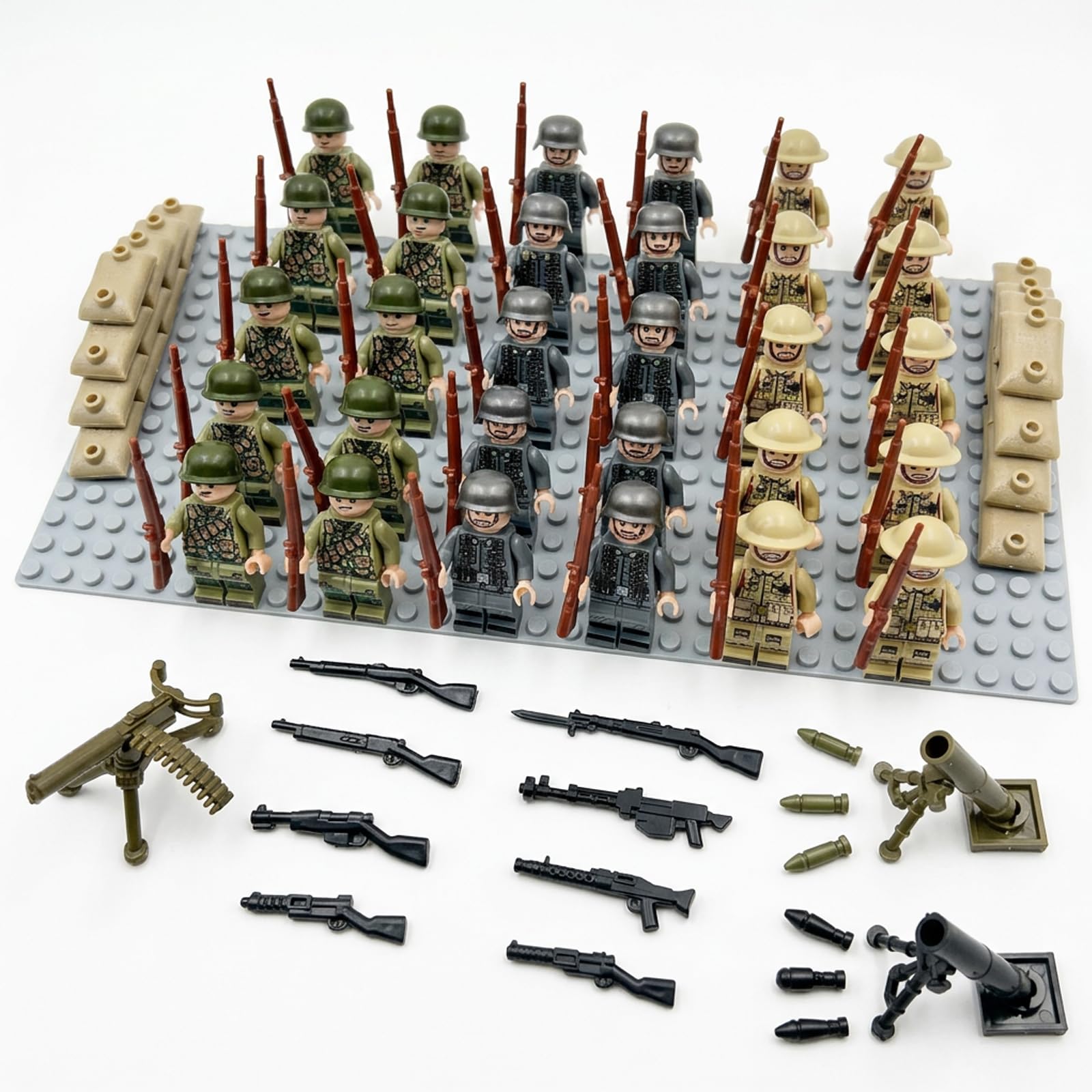 1 zestaw figures, żołnierzy, 30 figures, mini figures, zestaw zawiera moździerz x 2 karabin maszynowy, 1 płyta podstawowa, 1 worek na piasek, idealny dla miłośników historii