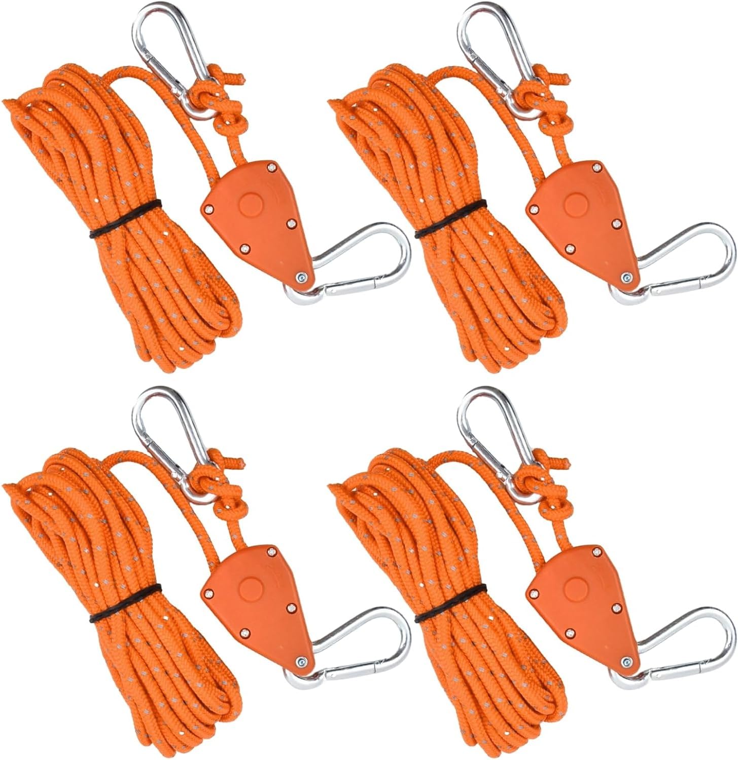 Zhenghebuy Reflective Tent Guy Ropes,4 Pcs 4mm Tent Guy Ropes with Pulley,Heavy Duty Guide Rope with Aluminum Adjuster for Awning,Camping(Orange)